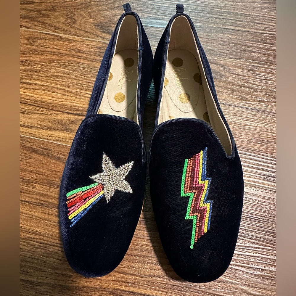 BODEN Size 36/66 Blue Velvet Rainbow Shooting Star/Lighting Bolt Flats